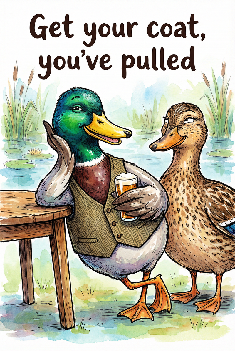 watercolor mallard valentines greeting card - You've Pulled
